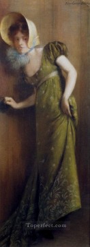 緑のドレスキャリアを着たエレガントな女性 ベルーズ・ピエール Oil Paintings